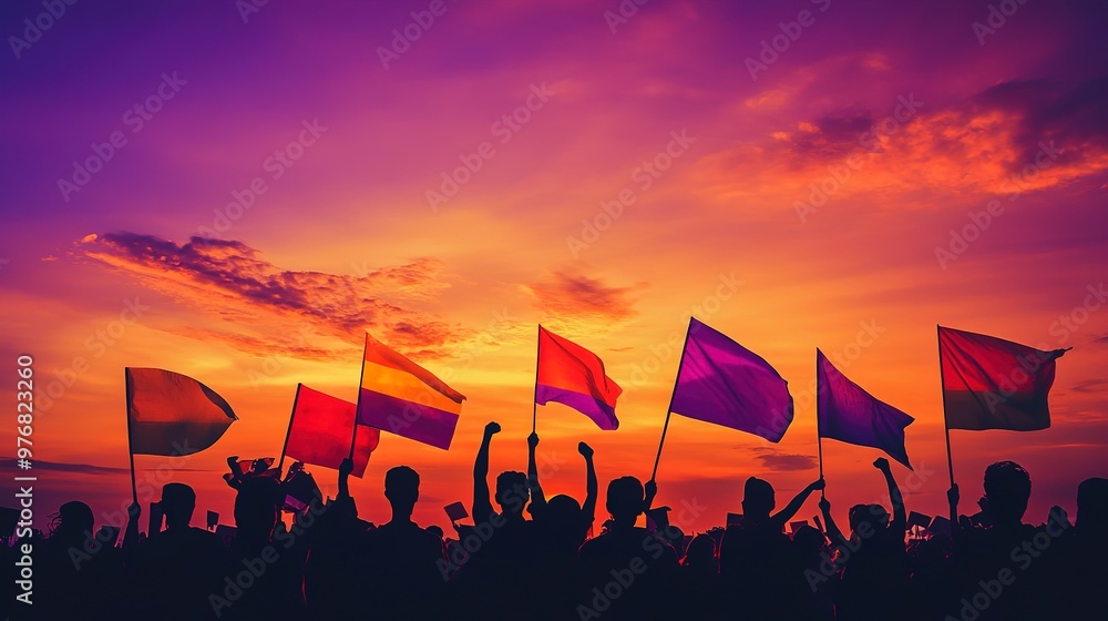 Sticker Vibrant sunset silhouette of a crowd with flags, symbolizing unity and protest 