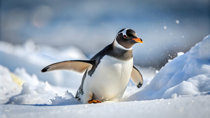 Fototapeta premium Playful penguin sliding on snowy terrain, penguin, snow, winter, cold, ice, Antarctic, wildlife, animal, cute, happy