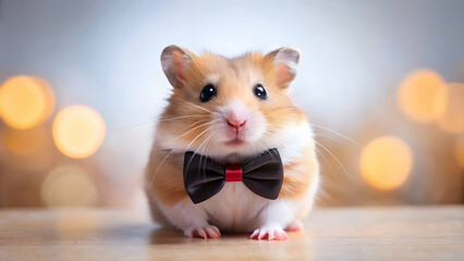 Obraz premium Cute and funny hamster posing with a tiny bowtie, adorable, small, furry, rodent, pet, animal, hamster, funny, amusing, little