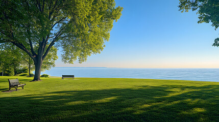 Tranquil lakeside vista with a solitary tree casting long shadows on the sandy shore