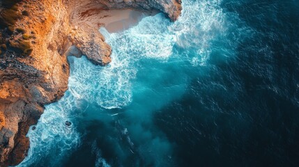 Obraz premium Aerial View of Ocean Waves Crashing on Rocky Coast