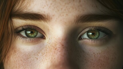 Fototapeta premium A woman with brown hair and green eyes. The eyes are open and the woman has a slight smile on her face