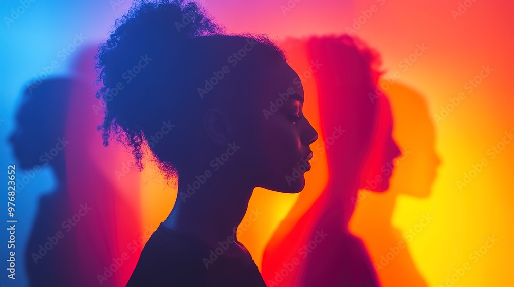 Poster side profile silhouettes of diverse people in colorful gradient light representing unity and diversi