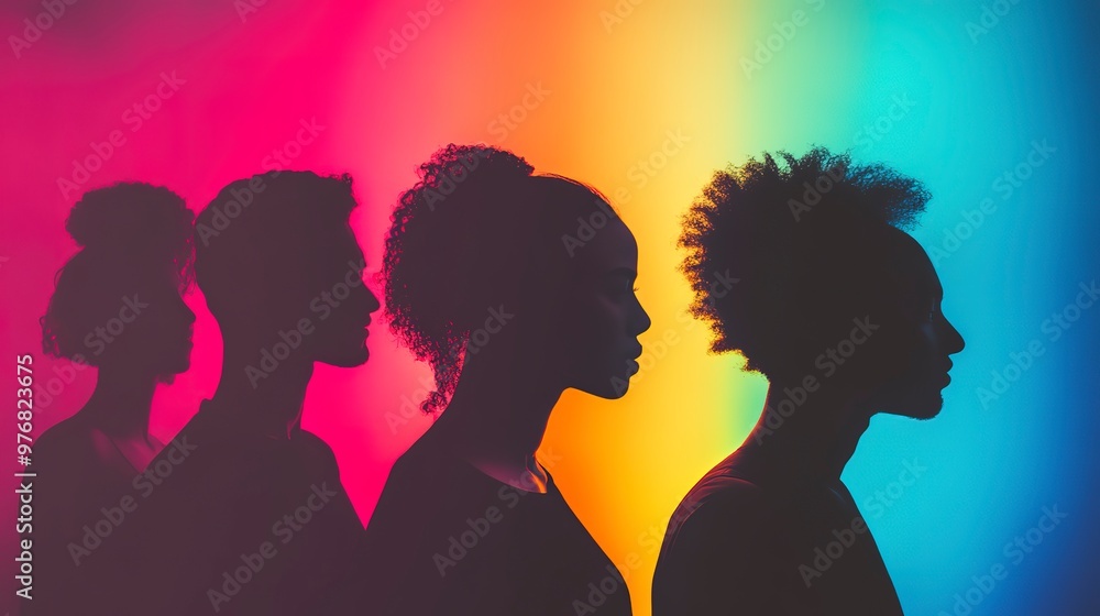 Poster side profile silhouettes of diverse people in colorful gradient light representing unity and diversi