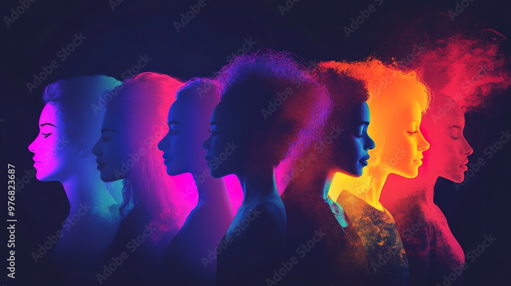 Aufkleber side profile silhouettes of diverse people in colorful gradient light representing unity and diversi
