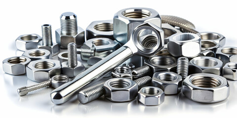 Collection of metal nuts and tools on white background, nuts, bolts, screws, metal, tools, hardware, engineering