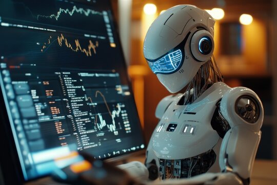 A humanoid robot analyzing data on a computer screen