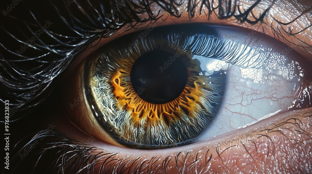 Poster close-up of a human eye, capturing every intricate detail from the delicate eyelashes to the vibrant