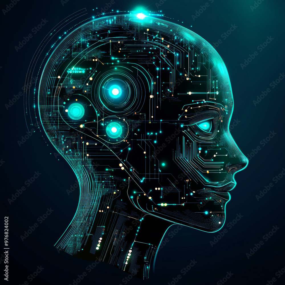 Poster abstract digital technology background for artificial intelligence (ai) featuring a digital brain, f