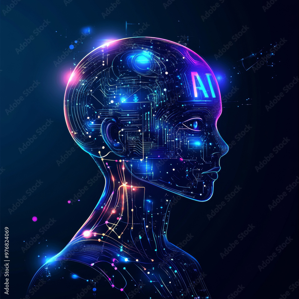 Poster abstract digital technology background for artificial intelligence (ai) featuring a digital brain, f