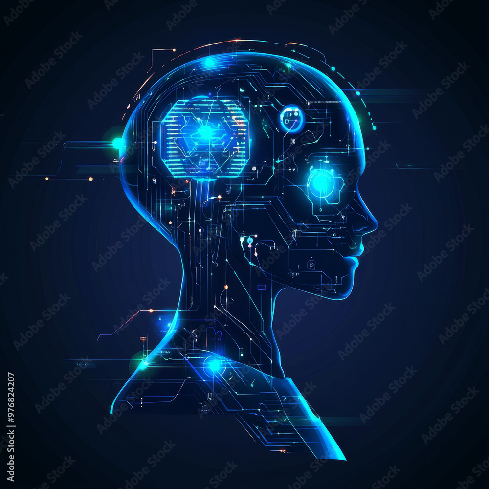 Poster abstract digital technology background for artificial intelligence (ai) featuring a digital brain, f
