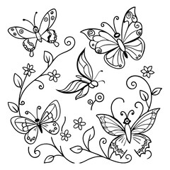 Fototapeta premium Hand draw butterfly and flower outline illustration for colouring book