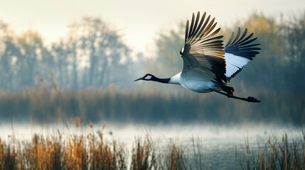 Obraz premium A red-crowned crane flying over a wetland area.