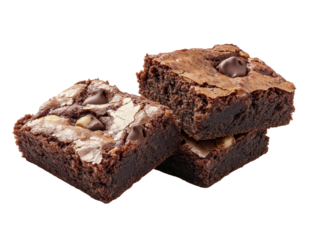 Rich chocolate brownies with chocolate chips on transparent background.
