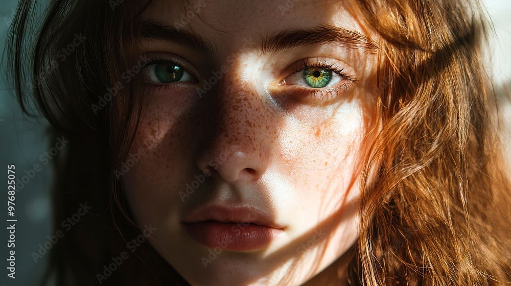 Wall mural A close-up portrait of a woman with green eyes and freckles, illuminated by sunlight streaming through a window. Her hair is long and brown, partially covering her face