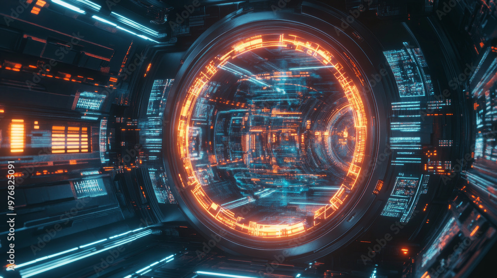 Poster abstract hud sci-fi display with a tech frame and digital interface elements, showcasing futuristic 