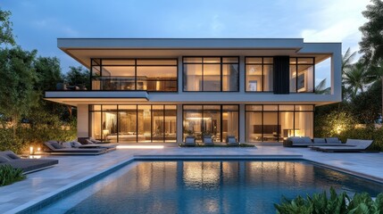 Fototapeta premium Modern Luxury Villa with Swimming Pool at Dusk
