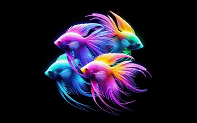Fluorescent fish swim in a group. Illustration of an aquarium or underwater world