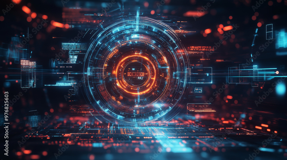Poster abstract hud sci-fi display with a tech frame and digital interface elements, showcasing futuristic 