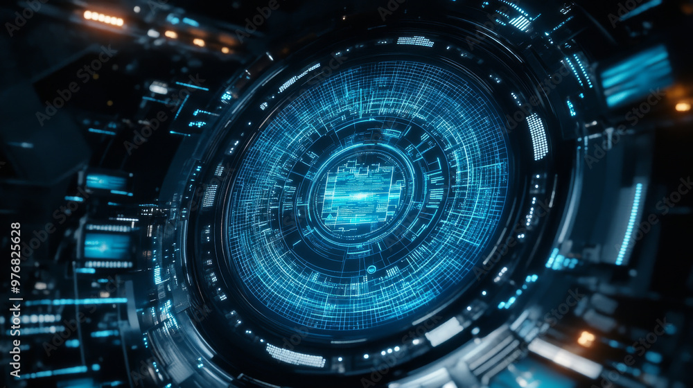 Poster abstract hud sci-fi display with a tech frame and digital interface elements, showcasing futuristic 