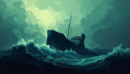 Obraz premium Stranded: Dramatic Shipwreck Survivor Illustration with Copy Space for Text