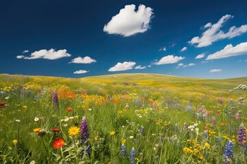 Vibrant Wildflower Meadows Under a Bright Blue Sky with Fluffy Clouds