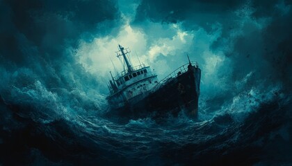 Fototapeta premium Stranded at Sea - Dramatic Shipwreck Survivor Concept Illustration with Copy Space for Text