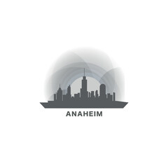 Anaheim USA United States of America modern city landscape skyline logo. Panorama vector flat California state icon with abstract shapes of landmarks, skyscraper, panorama, buildings at sunrise sunset