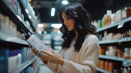 A stylish woman with dark, wavy hair selects a haircare product, carefully reading the label of a metallic bottle in a well-lit store aisle.