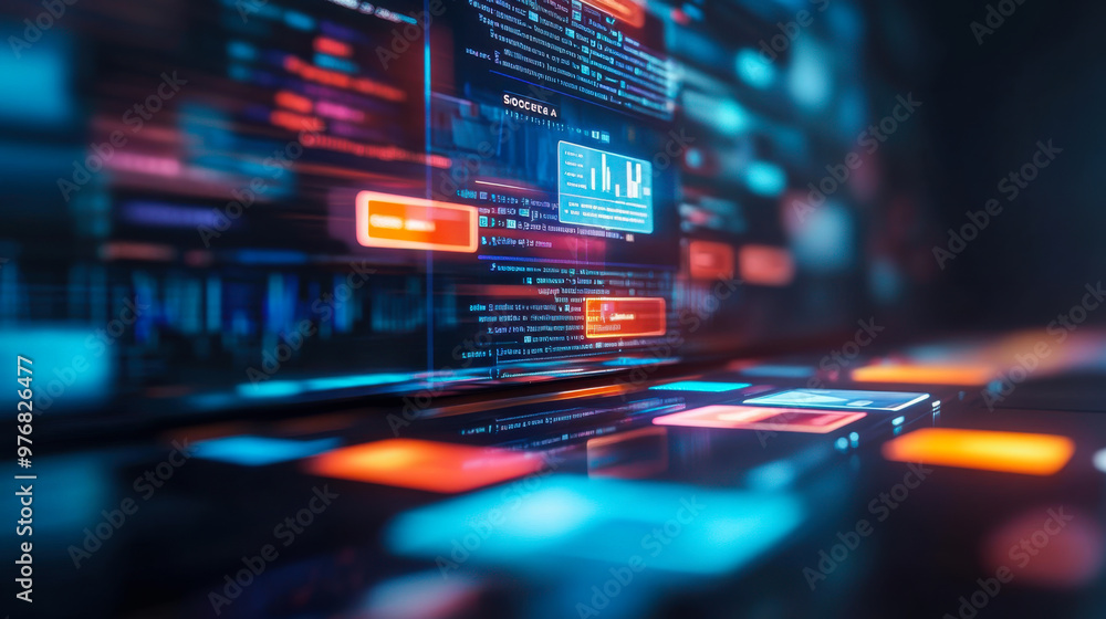 Poster colorful digital interface displaying complex data and analytics in a futuristic setting during nigh