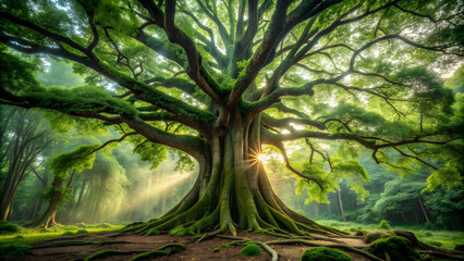 Majestic ancient tree standing tall in a lush forest , nature, old, growth, forest, foliage, green, majestic, large