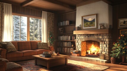 Fototapeta premium Cozy Living Room with Fireplace Christmas Tree and Winter View