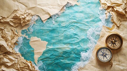 Ancient map of the world with a compass on an aged background