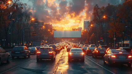 Obraz premium Cityscape with blank white poster mockup and busy traffic during twilight.