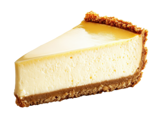 Golden cheesecake slice with rich texture and smooth finish on transparent background.