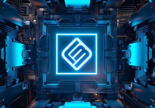 Glowing Blue Logo Mockup on Futuristic Motherboard. Generative Ai