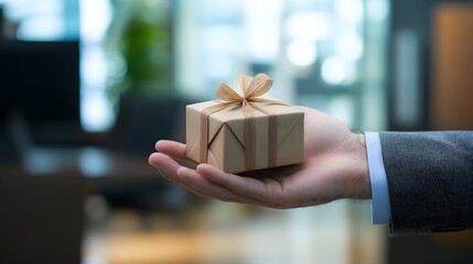 Hand Offering a Gift Box in a Business Setting: A professional hand presenting a small, elegantly wrapped gift box in an office environment.
