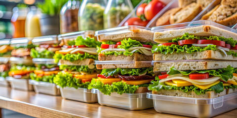 Closeup of packed sandwiches and healthy food in plastic containers at deli counter, packed, sandwiches