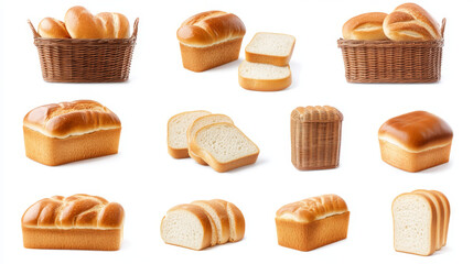 The mockup template features a white bread bun loaf slice, isolated to showcase various angles. The bread slice is presented in multiple arrangements: stacked, in a basket, and in a pile, providing a 