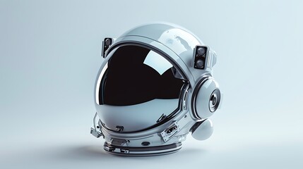 Fototapeta premium On a light grey background a futuristic astronaut helmet with its visor raised is isolated