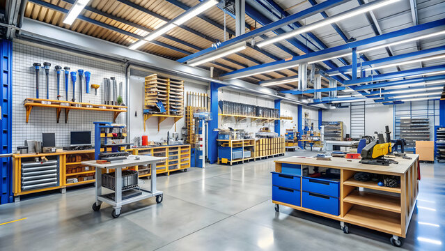 Well-organized workshop with pristine tool organization and clean aisle for sale on photo stock, workshop, organized