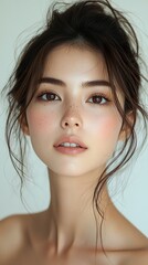 Naklejka premium Soft and Serene Portrait of a Freckled Woman with Brown Eyes