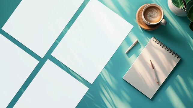 a4 mockup 4 pages on a table with a cup of coffee, plant and notepad