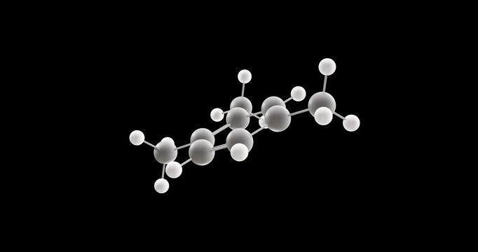 Pseudocumene molecule, rotating 3D model of aromatic hydrocarbon, looped video on a black background