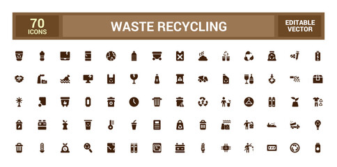 Set of recycling waste solid icons. Garbage disposal. Trash separation, filled icon set, Glyph icon set for web and ui. Editable stroke. Vector illustration.