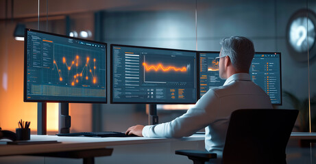 A man in his late forties, focused on analyzing data visualizations on three large monitors in a high-tech office environment
