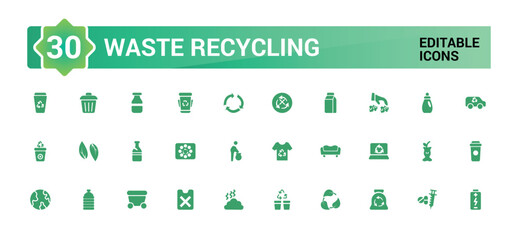 Set of recycling waste solid icons. Garbage disposal. Trash separation, filled icon set, Glyph icon set for web and ui. Editable stroke. Vector illustration.