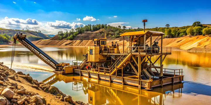 Industrial gold mining operation using a dredge to wash soil for extracting gold , gold, mining, industrial, operation