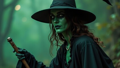 Enchanting Witch in Traditional Black Hat and Flowing Robe with Mystical Green Face Paint and Spellbinding Wand