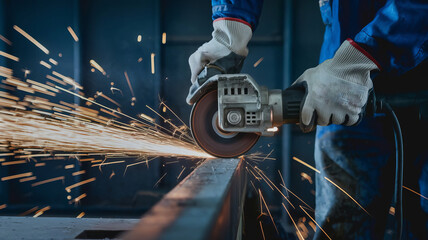 A craftsman is cutting steel with a special tool.